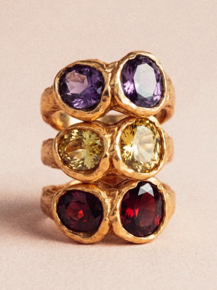Eclipse Ring stack in 18k gold vermeil with amethysts, citrines and garnets
